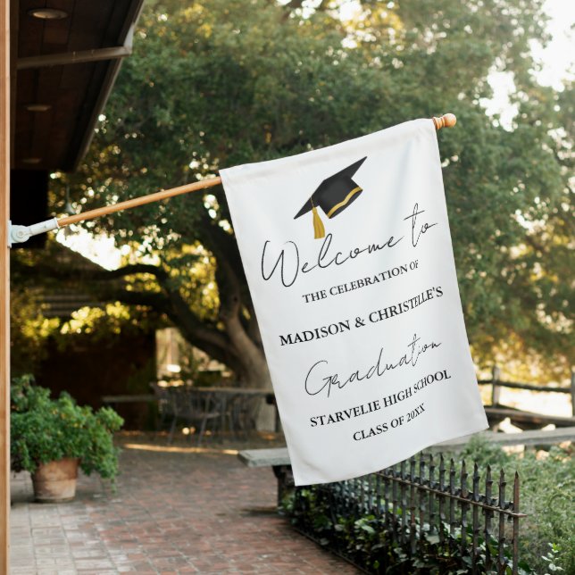 Modern Casual Script Twin Graduation Party Welcome House Flag (In SItu)