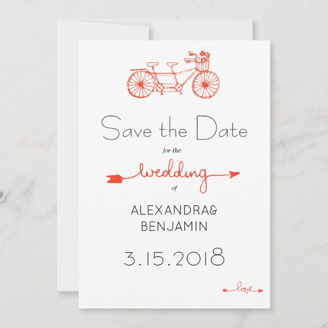 Modern casual tandem bicycle wedding save date save the date (Front)