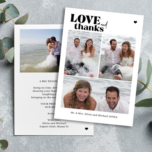 Modern casual typography 4 photo collage wedding thank you card