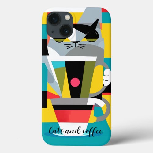 modern cat and coffee with custom text iPhone 13 case