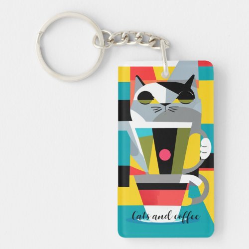modern cat and coffee with custom text  keychain