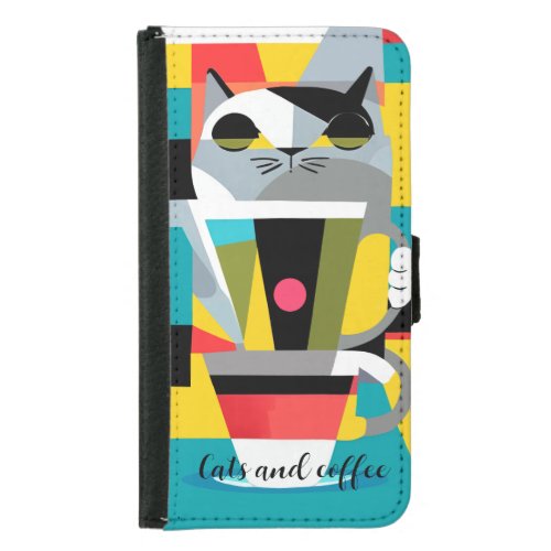 modern cat and coffee with custom text  samsung galaxy s5 wallet case