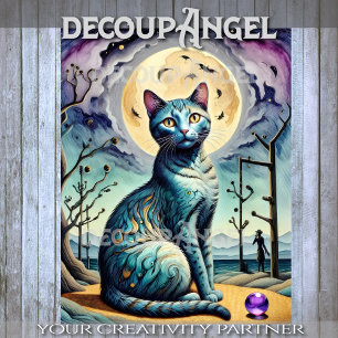 Modern Cat and Moon in Purple and Blue  Decoupage Tissue Paper