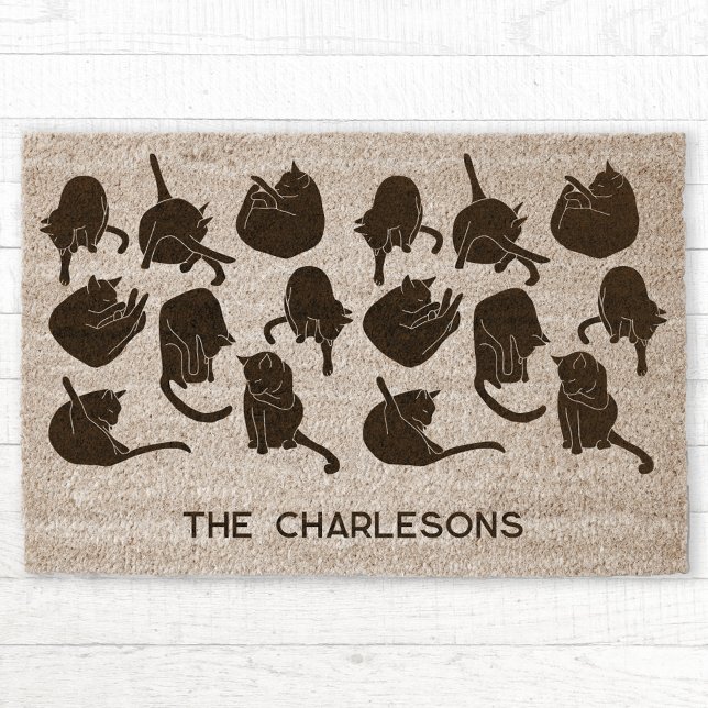 Modern Cat Art Personalized Fiber Doormat (Modern kitty cat pattern personalized family name fiber doormat for animal lovers)