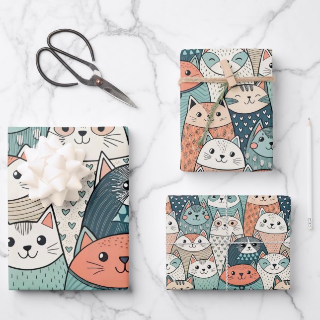 Modern Cat Characters Pattern Wrapping Paper Sheets (Front)