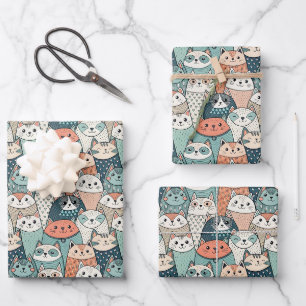 Modern Cat Characters Pattern Wrapping Paper Sheets
