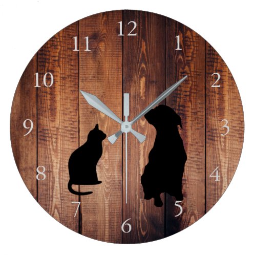 Modern cat dog silhouettes on rustic dark wood large clock