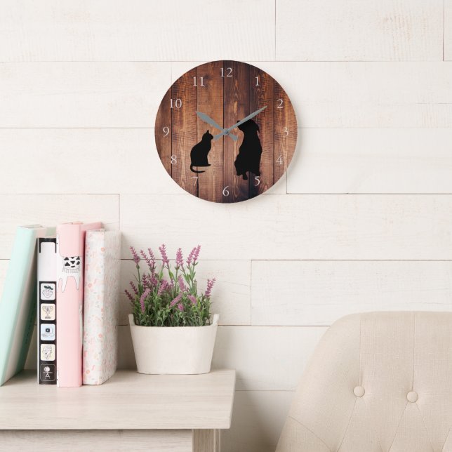 Modern cat dog silhouettes on rustic dark wood large clock (Reading Room)