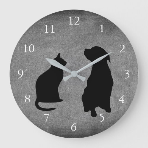 Modern cat dog  silhouettes pets chalkboard large clock