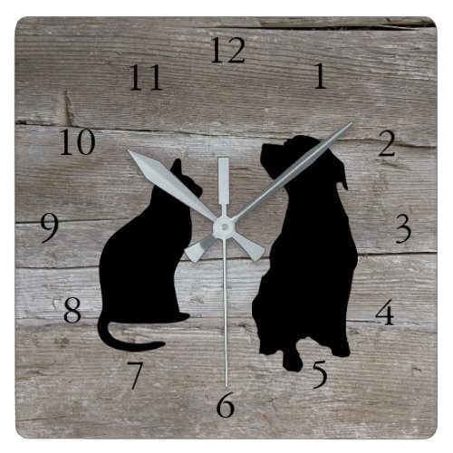 Modern cat dog  silhouettes pets wood background square wall clock
