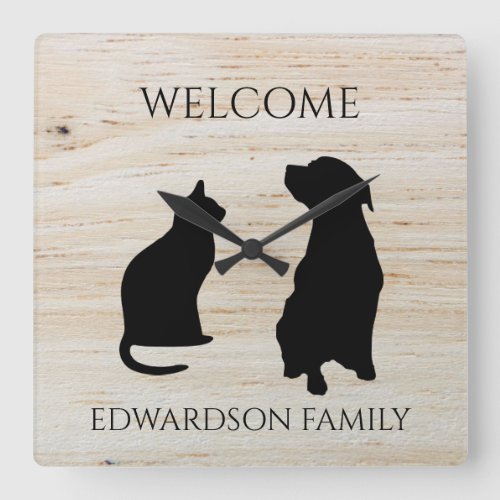 Modern cat dog silhouettes welcome family name square wall clock