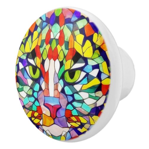 Modern Cat Face Abstract Watercolor _ Colorful Ceramic Knob