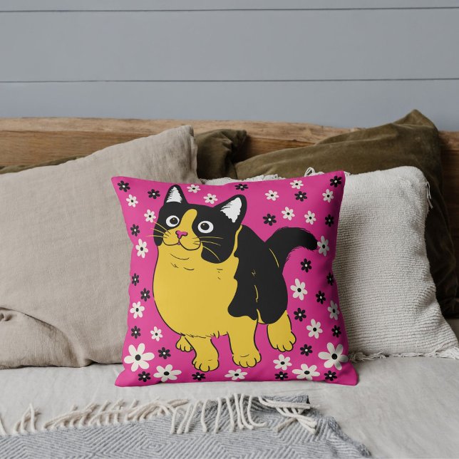 Modern Cat Lover Pet Friends Flower Pattern Pink Throw Pillow (Creator Uploaded)