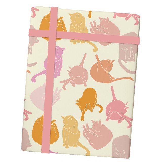 Modern Cat Pattern Pink Orange Wrapping Paper (Cat pattern gift wrap paper roll)
