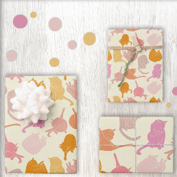 Modern Cat Pattern Pink Orange Wrapping Paper Sheets