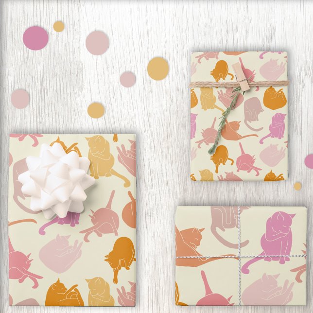 Modern Cat Pattern Pink Orange Wrapping Paper Sheets (Creator Uploaded)