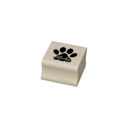 Modern Cat Paw Print with Name Wooden Rubber Stamp