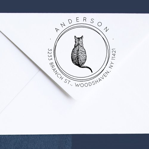 Modern Cat Rustic Return Address Rubber Stamp