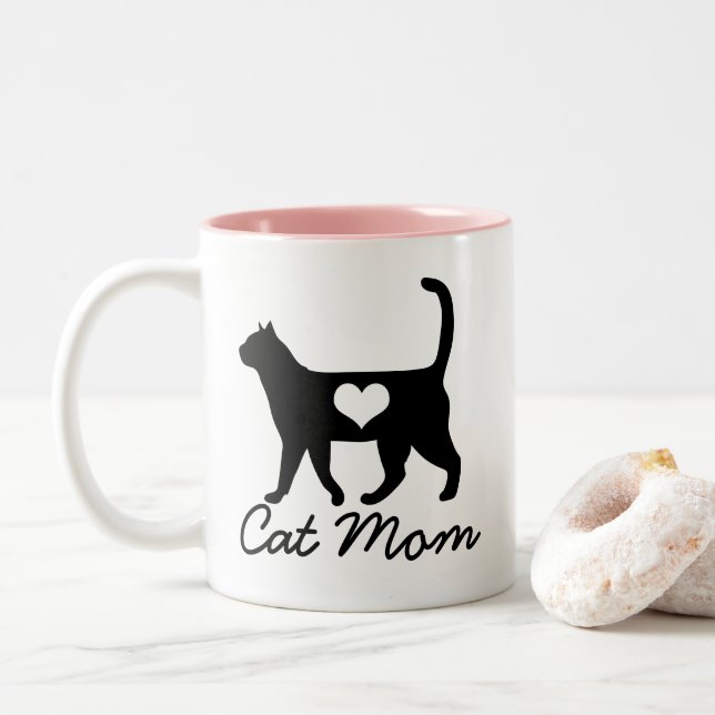 Modern Cat Silhouette Cat Mom Two-Tone Coffee Mug (With Donut)
