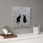 Modern cat silhouettes on rustic wood pattern square wall clock