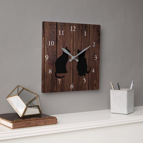 Modern cat silhouettes on rustic wood square wall clock