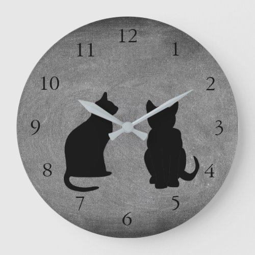 Modern cat silhouettes pets on chalboard large clock