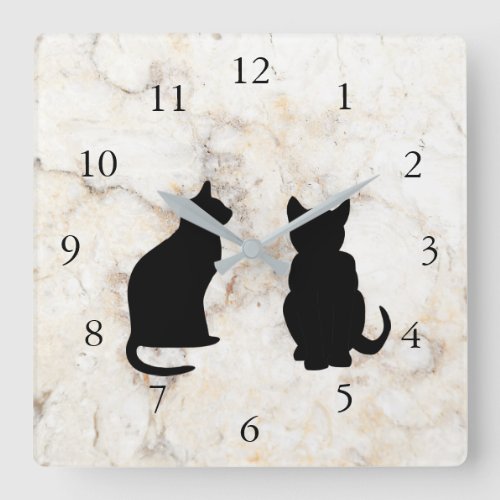Modern cat silhouettes pets on marble background square wall clock