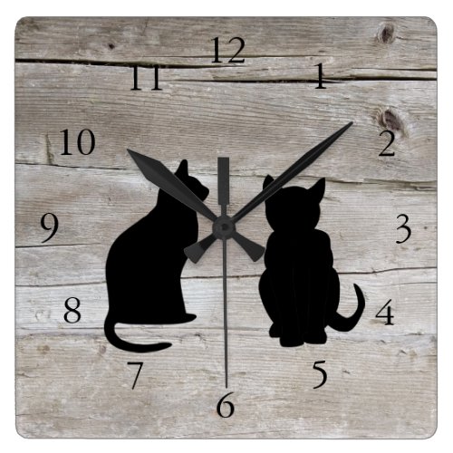 Modern cat silhouettes pets on rustic barn wood square wall clock