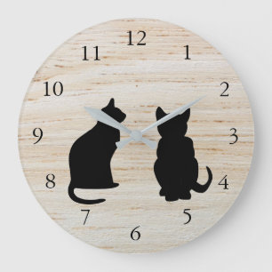 Modern cat silhouettes, pets on wooden background large clock