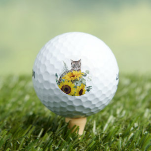 Modern Cat Sunflower Monogram Golf Balls