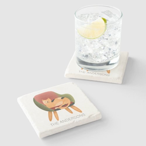 Modern Cat Watercolor Name Stone Coaster