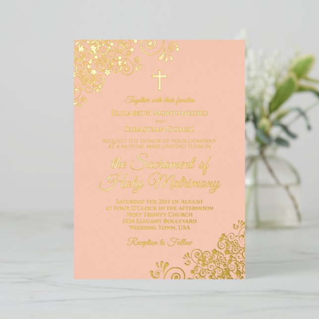 Modern Catholic Wedding Elegant Coral Peach & Gold Foil Invitation (Standing Front)