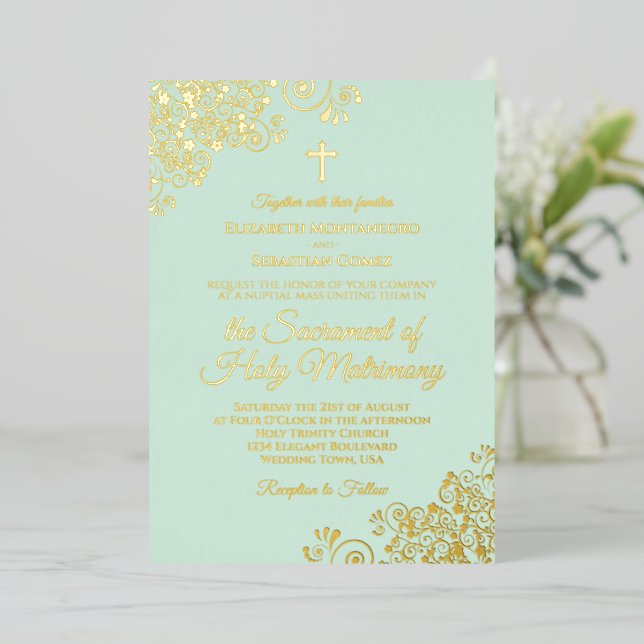 Modern Catholic Wedding Elegant Mint Green & Gold Foil Invitation (Standing Front)