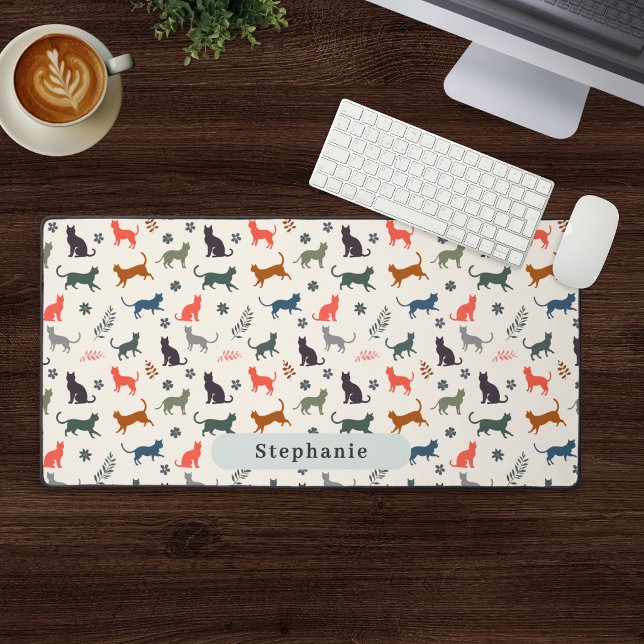 Modern Cats Pattern Custom Name Elegant Cream Desk Mat (A personalized computer desk mat, with pattern of cat silhouettes, leaves and flowers)