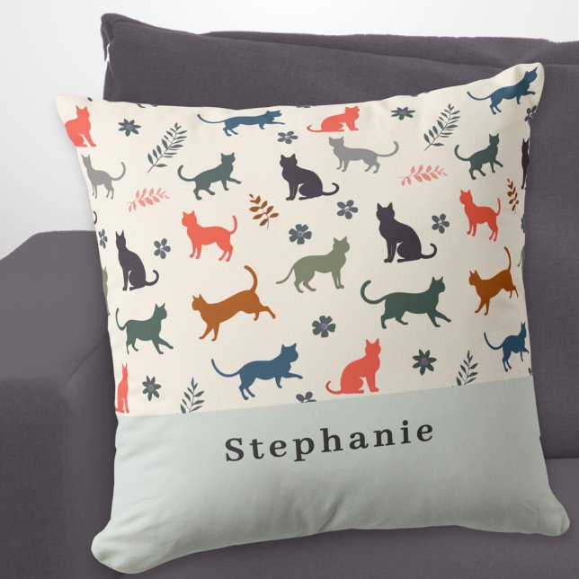 Modern Cats Pattern Elegant Cream Personalized Throw Pillow (A stylish, modern pillow with pattern of cat silhouettes in various colors, personalized with a name)