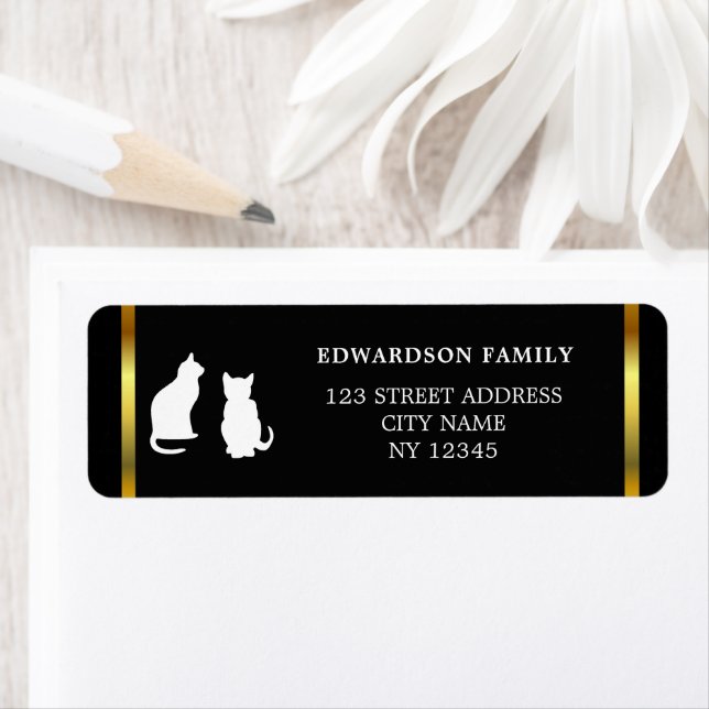 Modern cats silhouettes gold black return address label (Insitu)