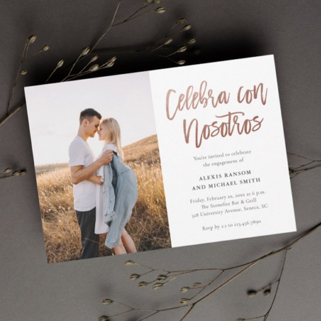 Modern Celebra con Nosotros Photo Engagement Party Invitation (Spanish 2 photo engagement party invitation with modern rose gold celebrate with us typography.)