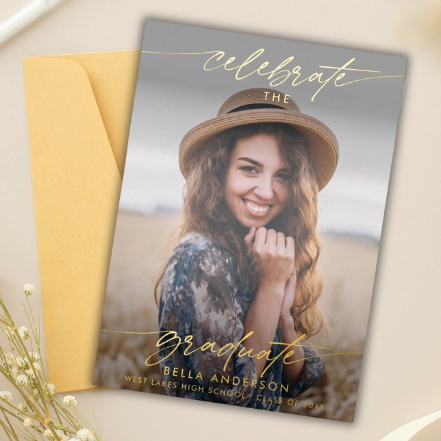 Modern Celebrate the Graduate Photo Overlay Foil Invitation (Creator Uploaded)