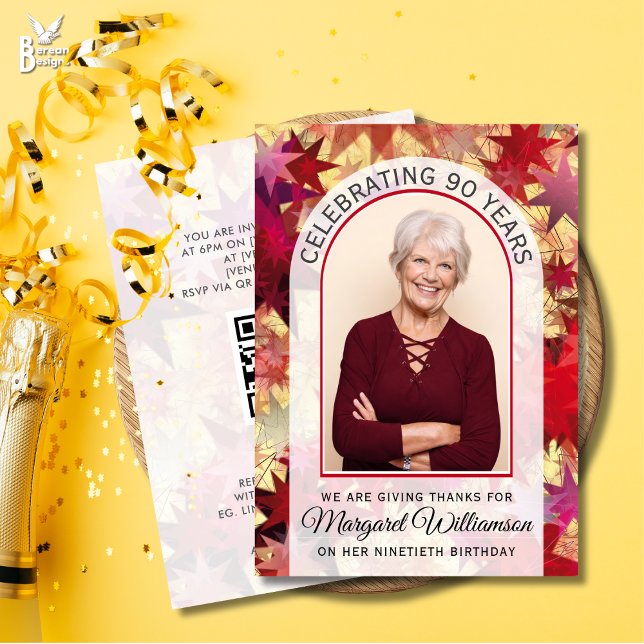 Modern CELEBRATING 90 YEARS Ninetieth Birthday  Invitation (CELEBRATING 90 YEARS Birthday event invitation with arch photo and stars backdrop. Incl QR code.)