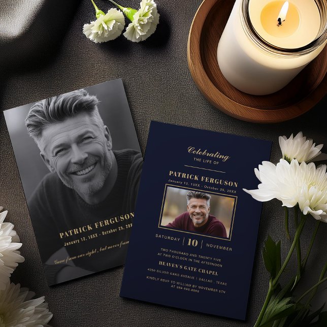 Modern Celebration Of Life Funeral Navy Blue Photo Invitation (Creator Uploaded)