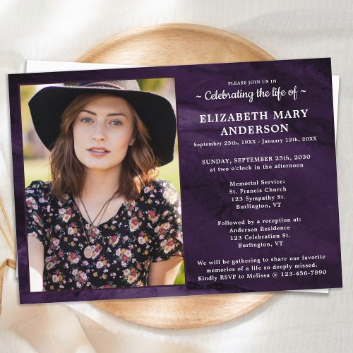 Modern Celebration Of Life Funeral Purple Marble  Invitation
