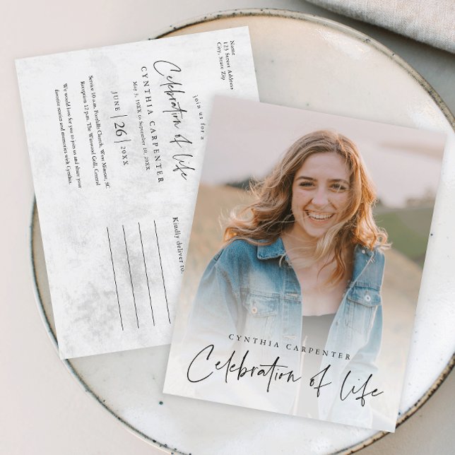 Modern Celebration of Life Memorial Funeral  Postcard (Modern handwritten script celebration of life photo memorial postcard.)