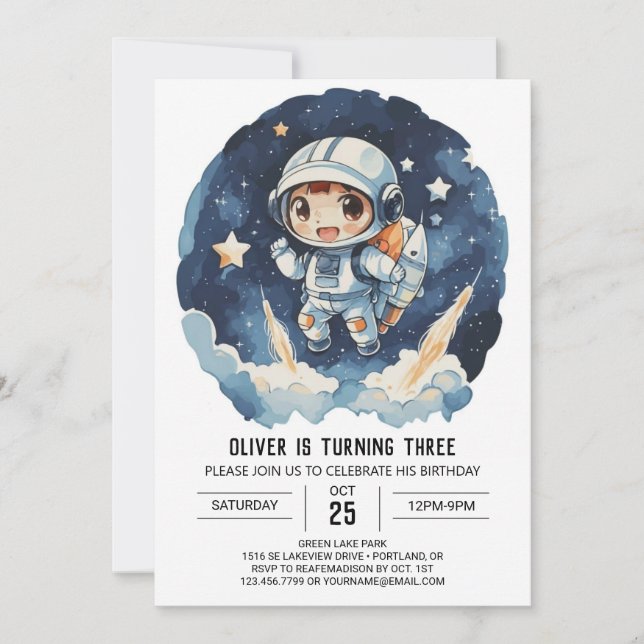  Modern Celestial Cute Astronaut Boy Birthday Invitation (Front)