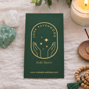 Modern Celestial Reiki Master Healing Hands Green Business Card