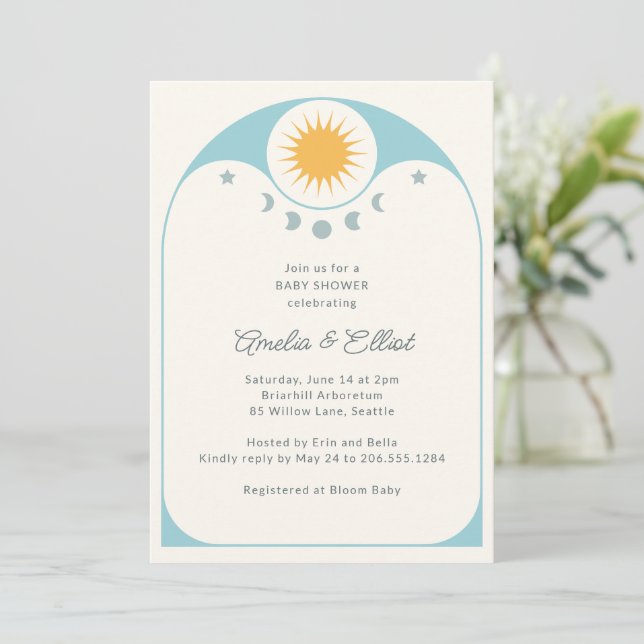 Modern Celestial Star Moon Soft Blue Baby Shower   Invitation (Standing Front)