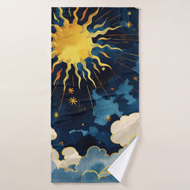 Modern Celestial Sun Stars and Blue Clouds Bath Towel (Bath Towel)