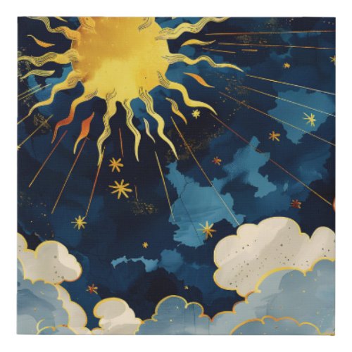 Modern Celestial Sun Stars and Blue Clouds Faux Canvas Print