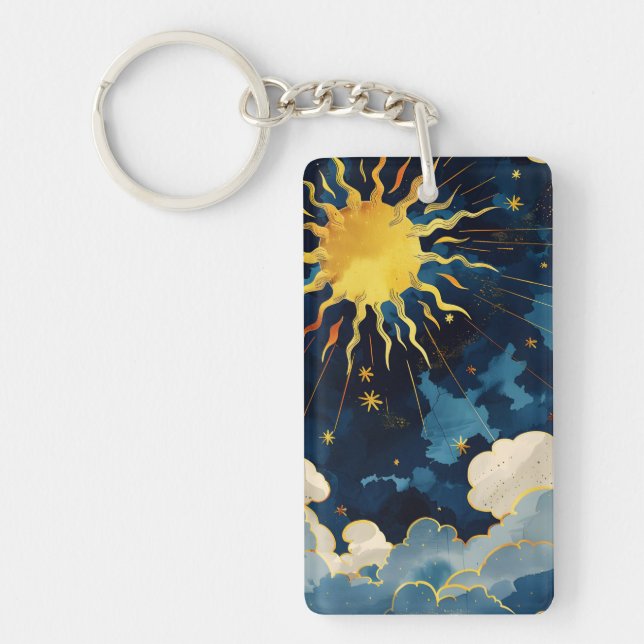 Modern Celestial Sun Stars and Blue Clouds Keychain (Front)