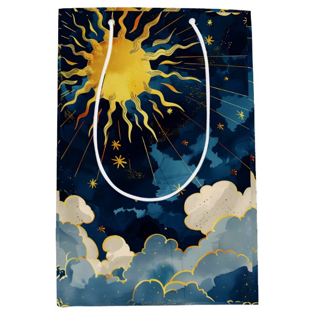 Modern Celestial Sun Stars and Blue Clouds Medium Gift Bag (Front)