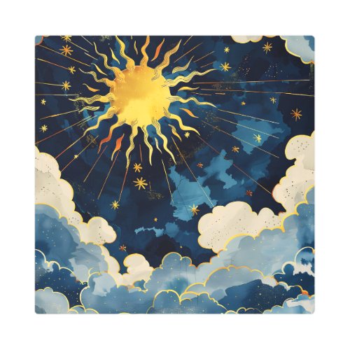 Modern Celestial Sun Stars and Blue Clouds Metal Print